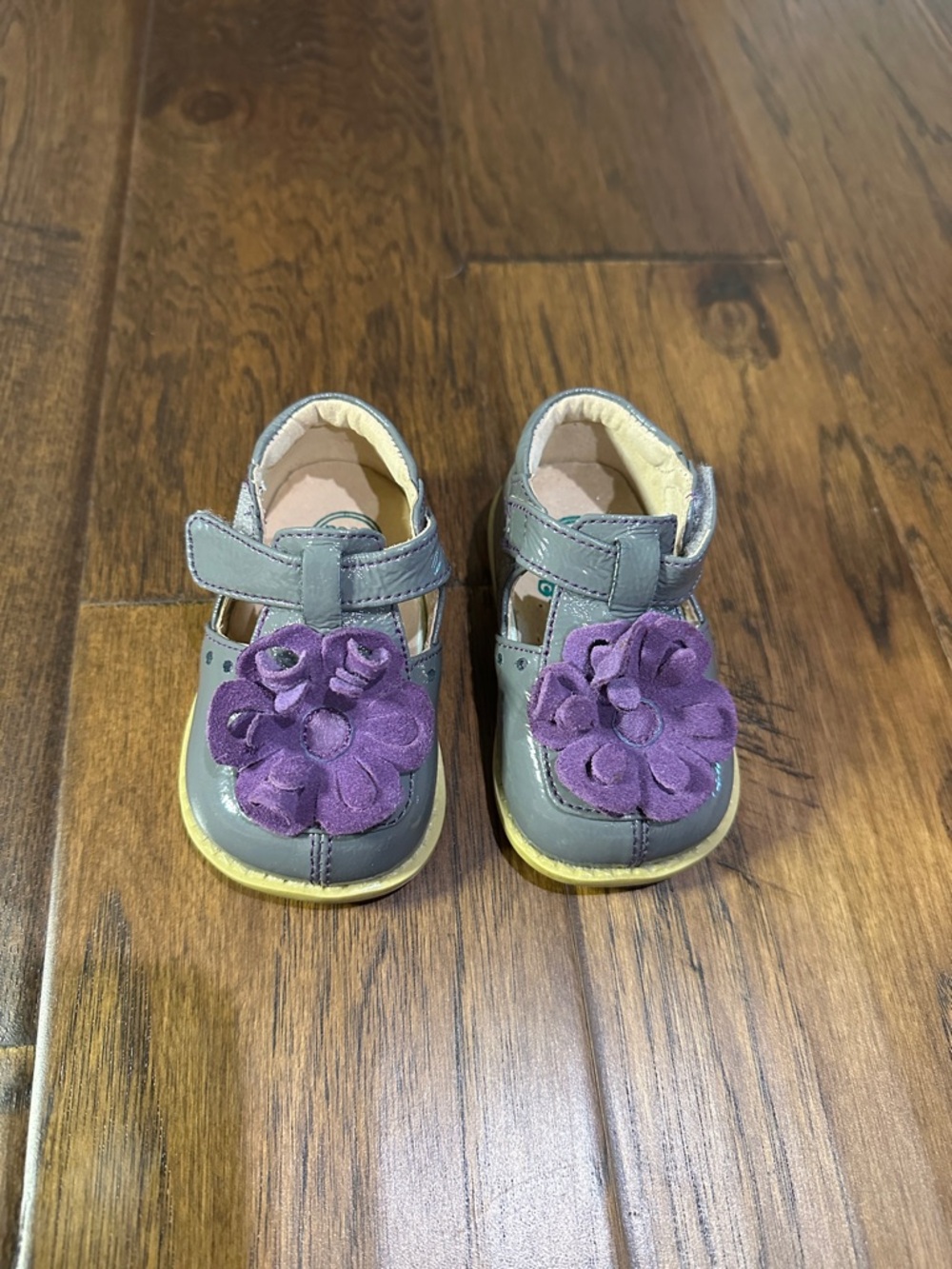 Livie & Luca Gray Mary Jane Shoes with Purple Flower Accent